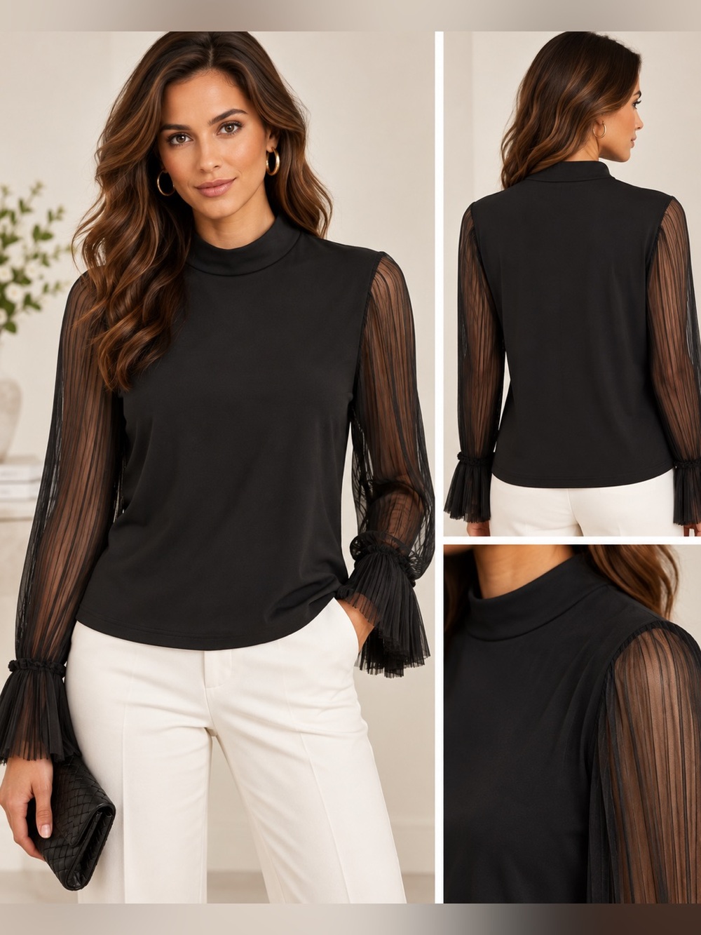 Philosophy Black Sheer Pleated Sleeve Ruffle Cuff Top Size M NWT